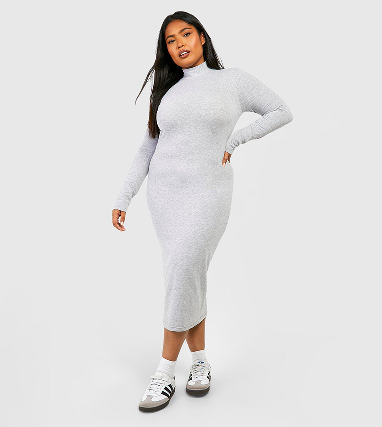 Buy Boohoo Cotton Roll Neck Midi Dress In Grey