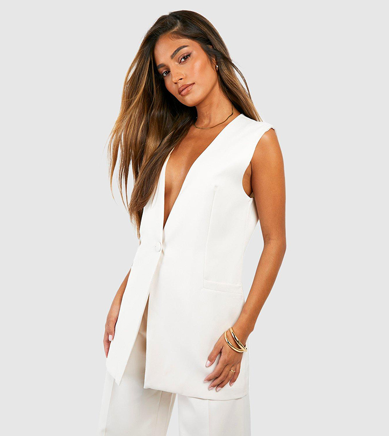 Buy Boohoo Woven Longline Plunge Front Waistcoat In White