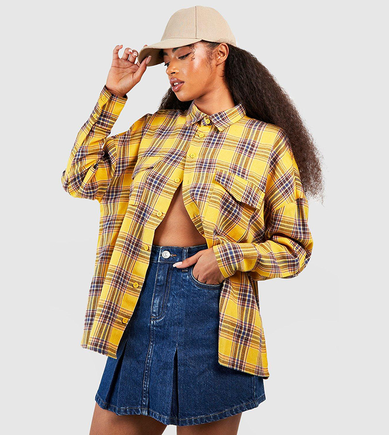 Checked Pocket Detail Oversized Shirt