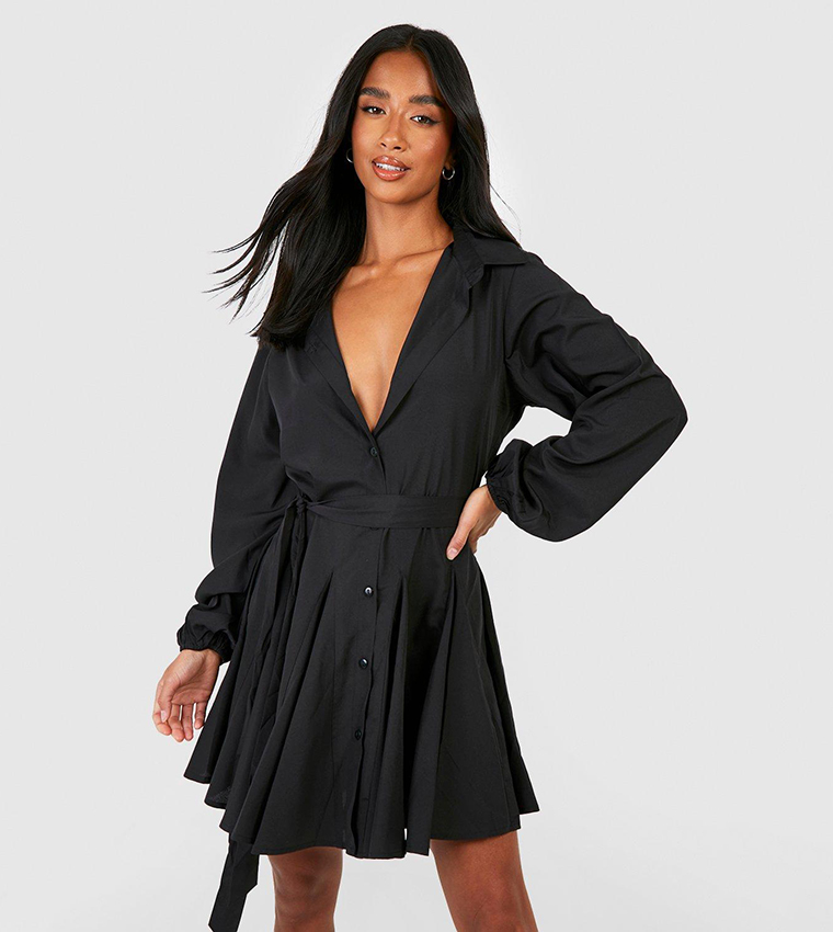 black skater shirt dress boohoo Women's Bengaline Cinched Waist Long Sleeve Skater Shirt Dress in Black