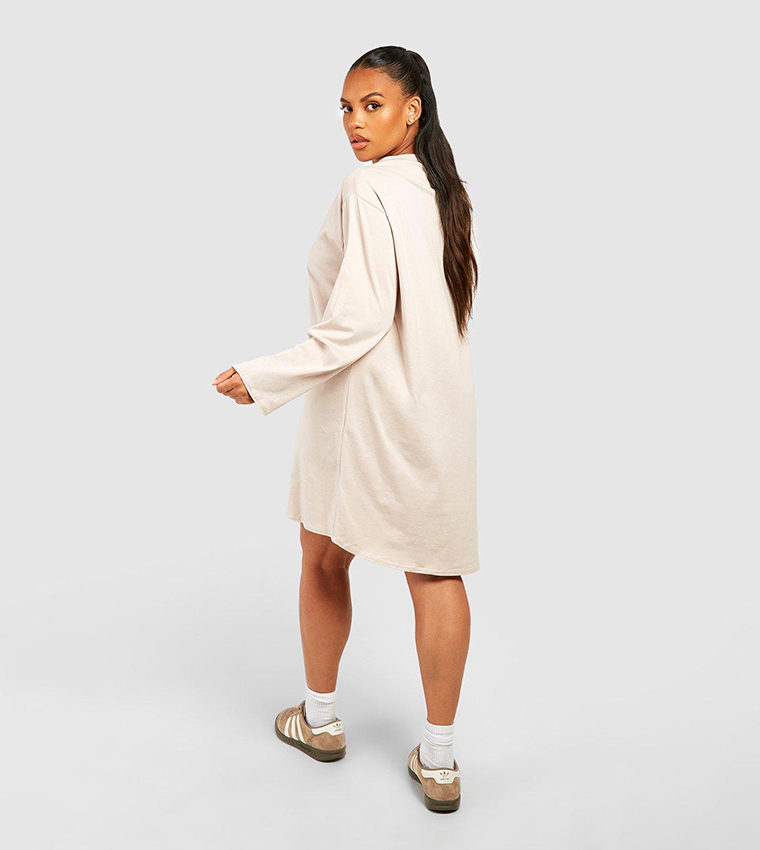 Buy Boohoo Cotton Long Sleeves Dipped Hem T Shirt Dress In Beige 6thStreet Bahrain