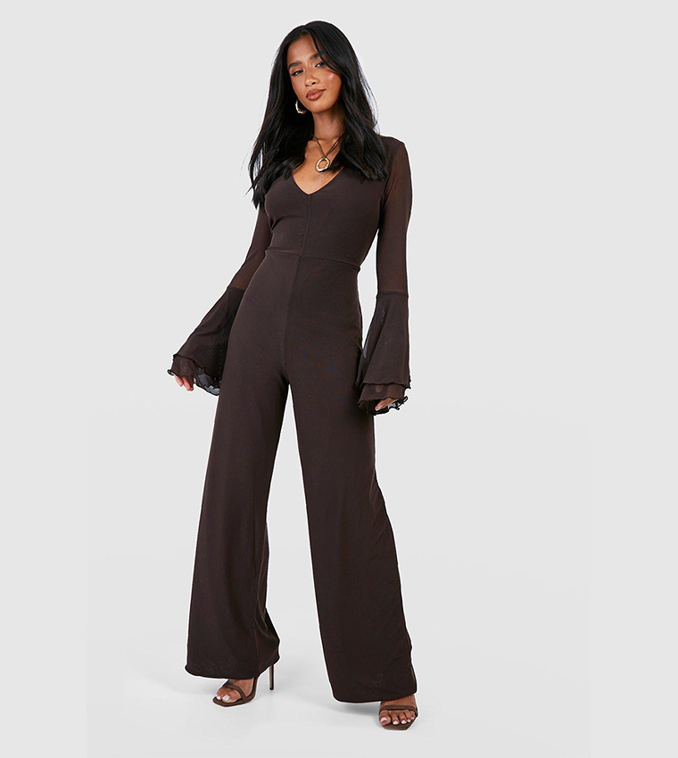 Buy Boohoo Mesh Flare Sleeves Jumpsuit In Brown