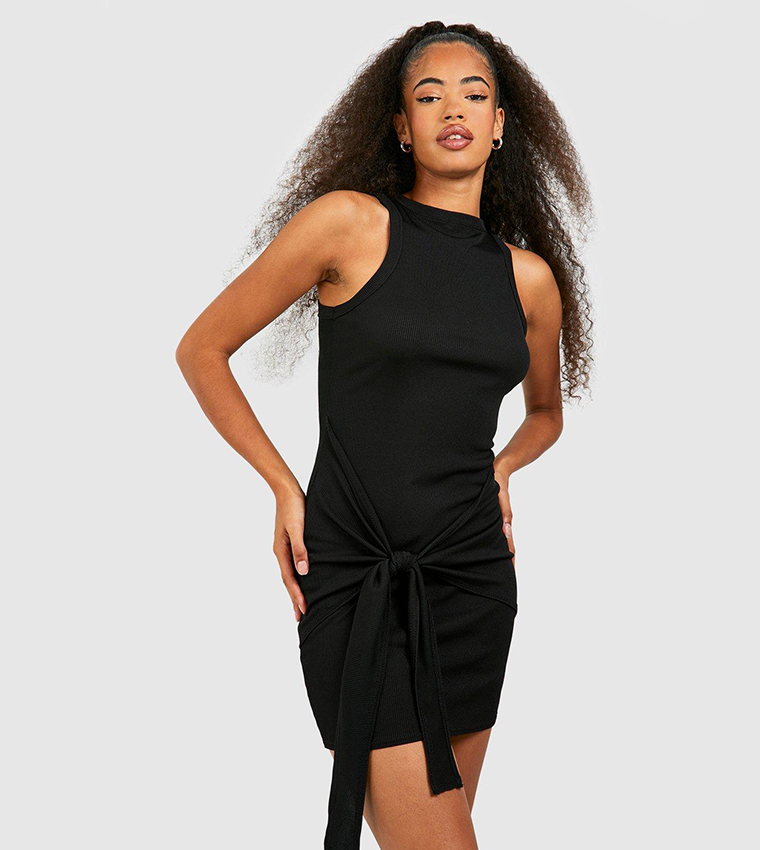 Buy Boohoo Ribbed Racer Neck Tie Detail Mini Bodycon Dress In Black |  6thStreet UAE