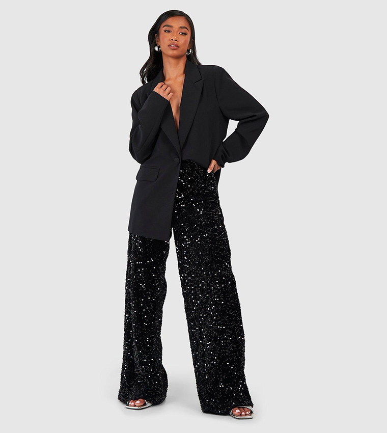 Buy Boohoo Petite Velvet Sequin Wide Leg Trousers In Black