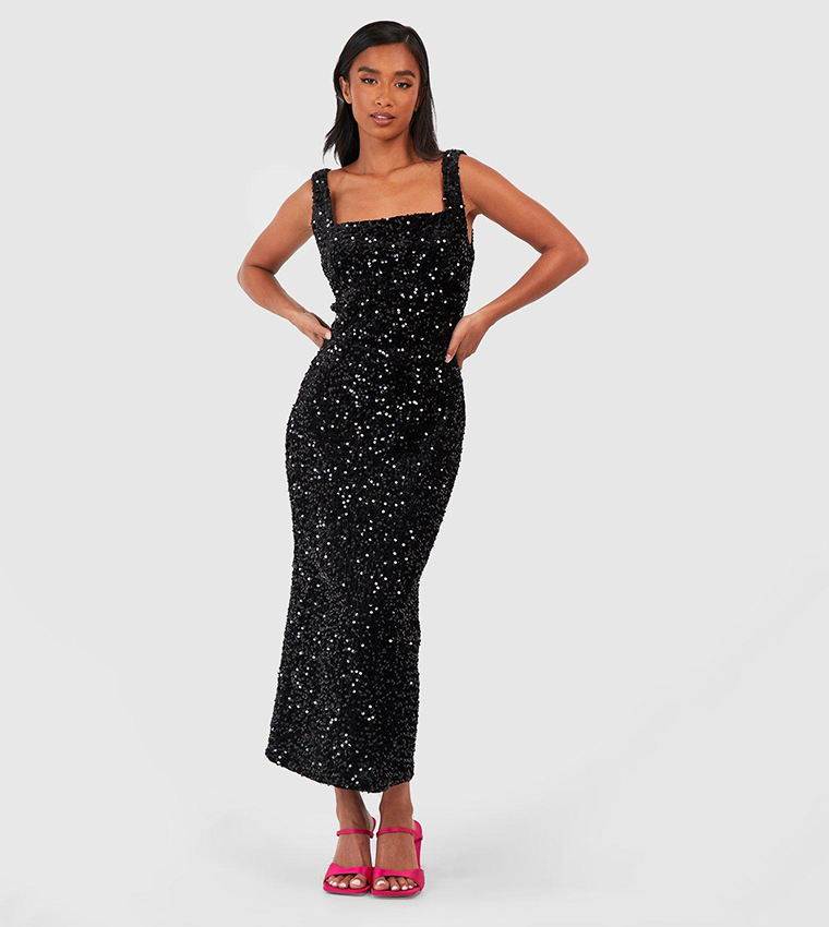 Buy Boohoo Velvet Sequined Square Neck Midaxi Dress In Black