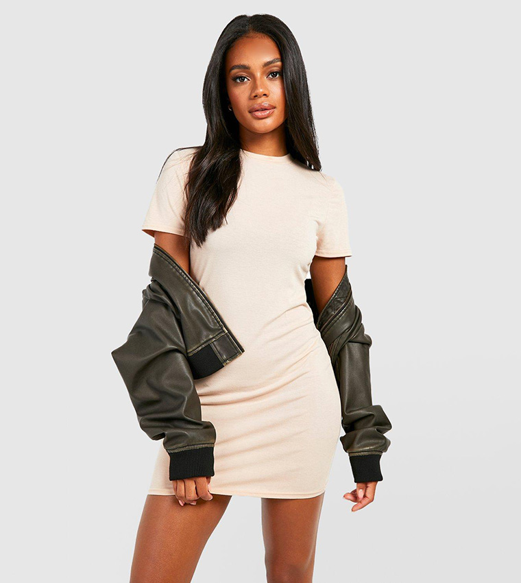 Stone Textured Rib Cap Sleeve Bodycon Dress