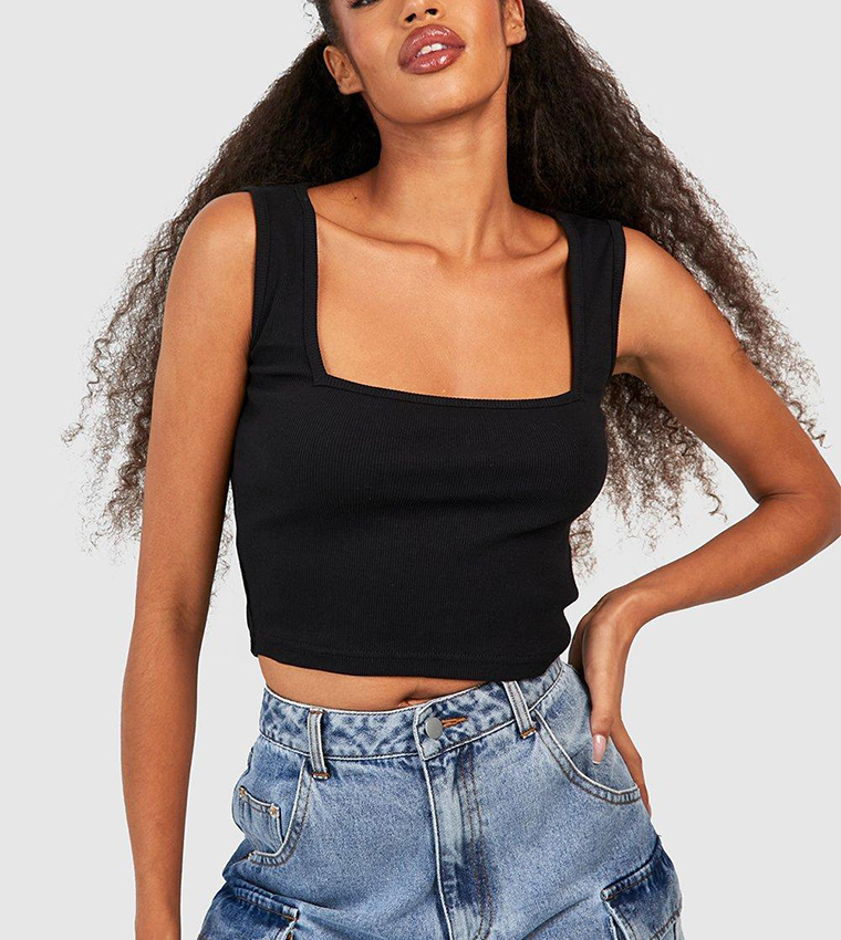 Buy Boohoo Basic Rib Square Neck Vest In Black 6thStreet Qatar