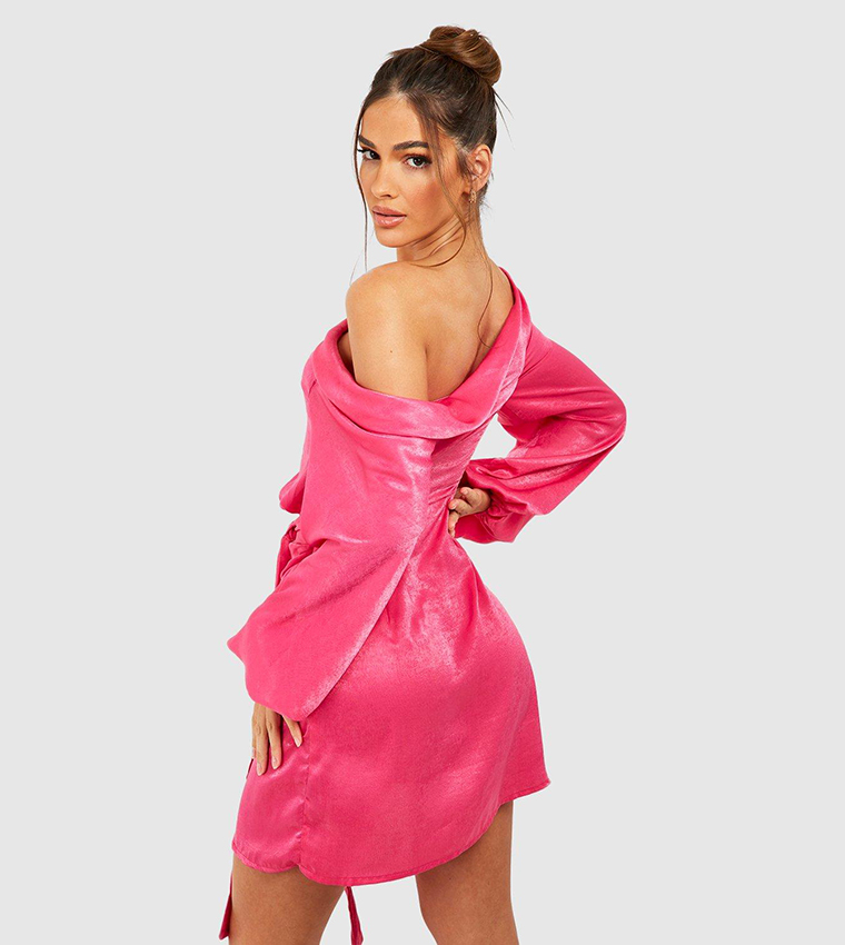 Hot pink satin draped mini dress best sale