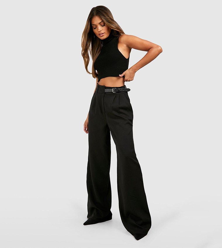 Buy Boohoo Belted Detail Pleat Front Tailored Trousers In Black