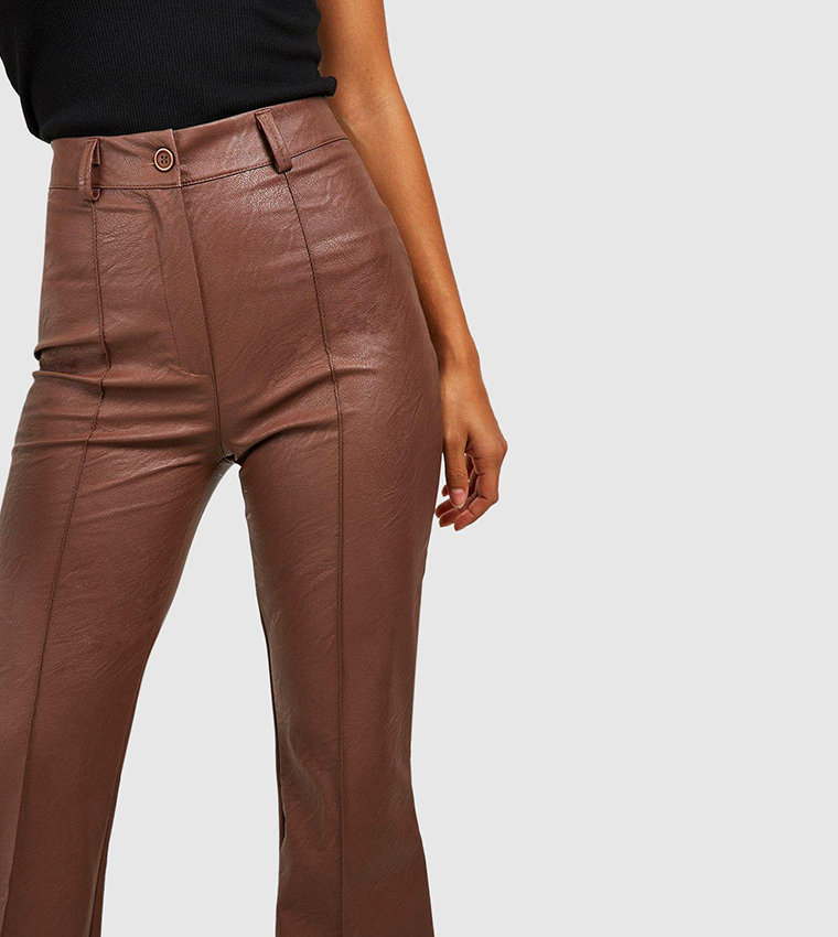 Women's Leather Look High Waisted Seam Front Flared Trousers
