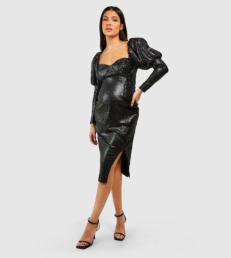 boohoo sequin black dress Black Sequin Wrap Midi Dress