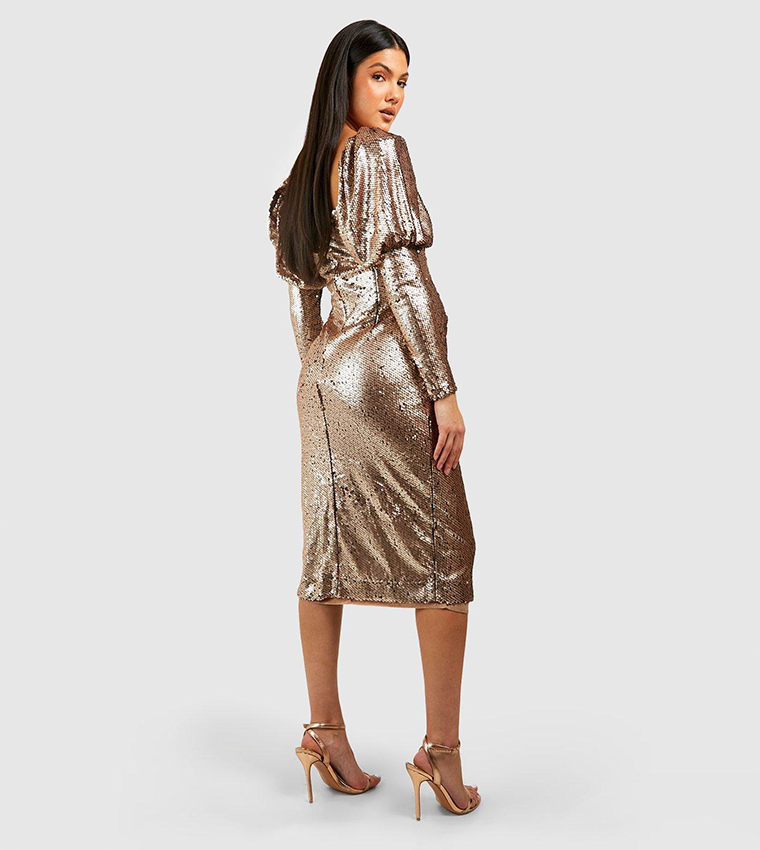 boohoo occasion sequin puff sleeve midi dress Boohoo Occasion Sequin Puff Sleeve Midi Dress size