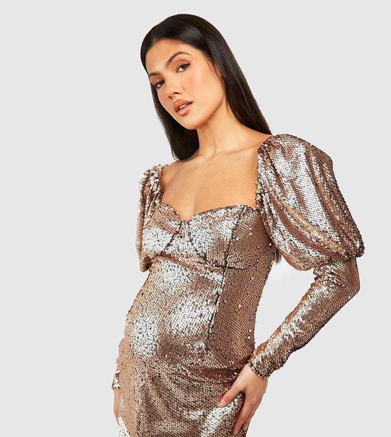 boohoo occasion sequin puff sleeve midi dress Berry Wallis Petite Sequin Puff Sleeve Belted Midi Dress
