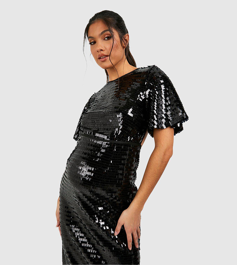 Buy Boohoo Sequin Angel Sleeves Midaxi Dress In Black | 6thStreet Saudi ...