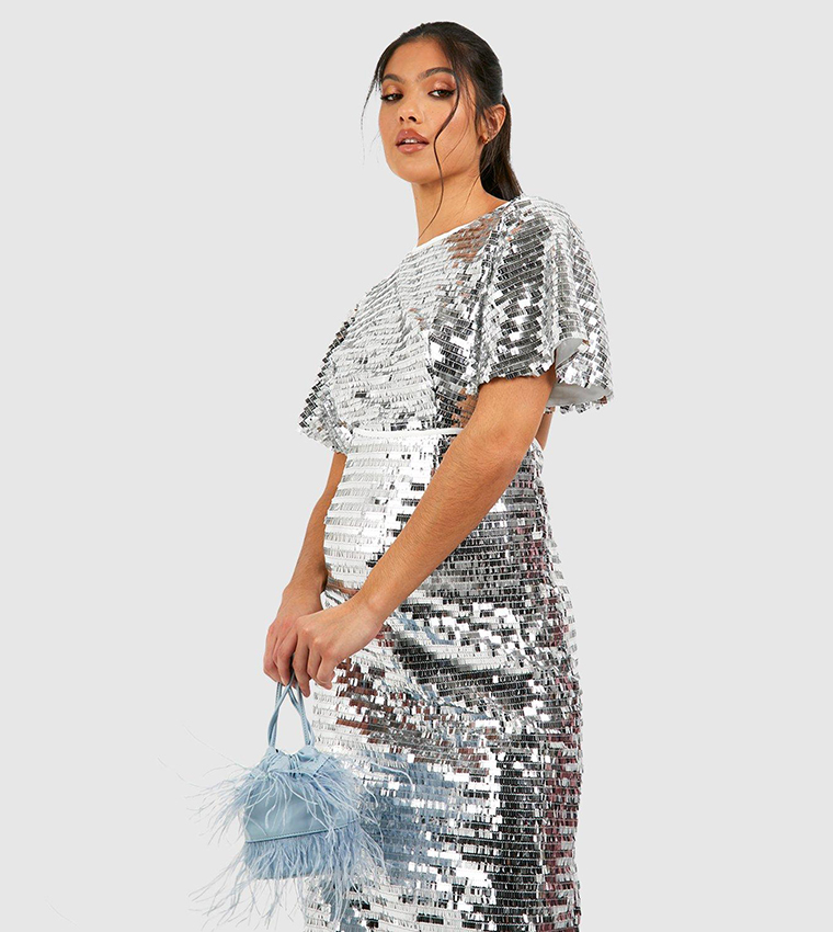 Buy Boohoo Sequin Angel Sleeves Midaxi Dress In Silver