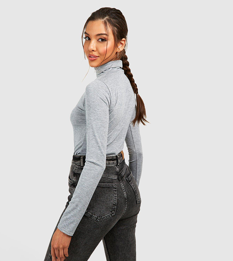 Buy Boohoo Jersey Long Sleeves Roll Neck Bodysuit In GREY MARL