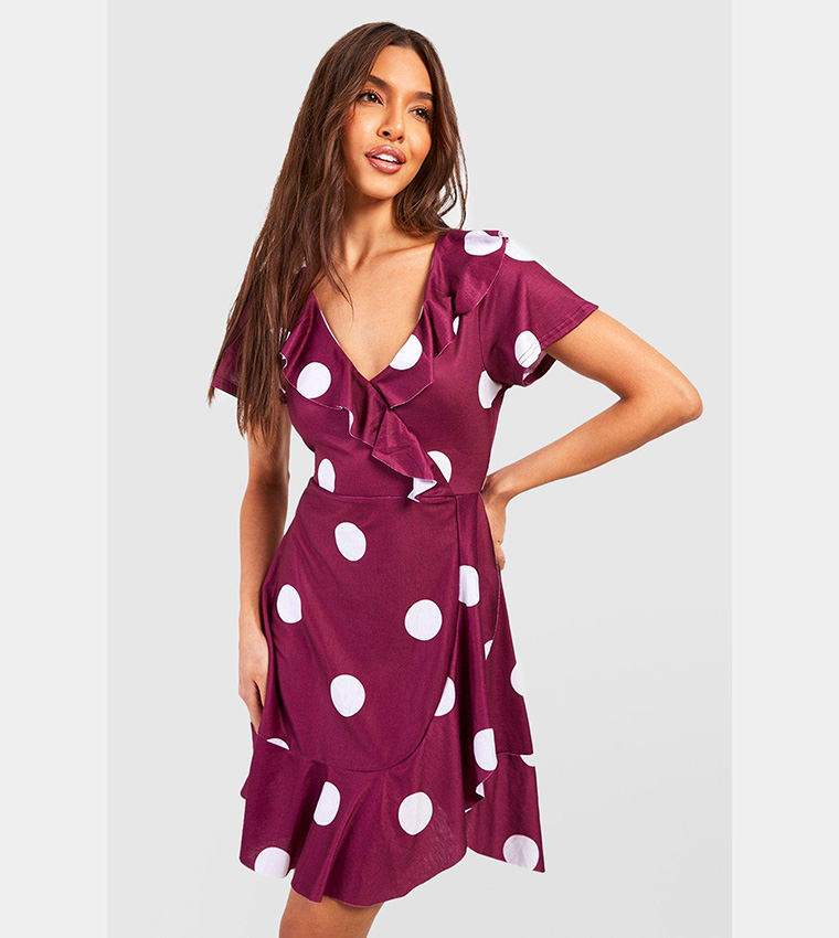 Buy Boohoo Polka Dot Ruffle Wrap Dress In Red 6thStreet Qatar