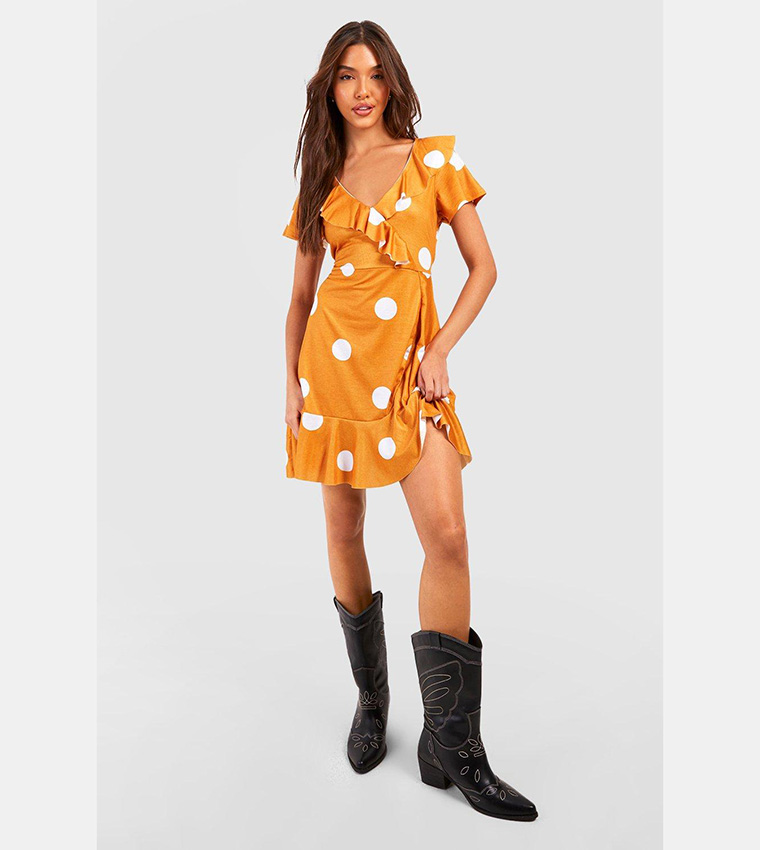 Buy Boohoo Polka Dot Ruffle Wrap Dress In Yellow 6thStreet Oman