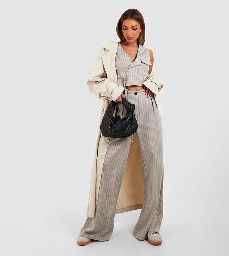 Buy Boohoo Pinstripe Tie Waist Tailored Wide Leg Trousers In Grey