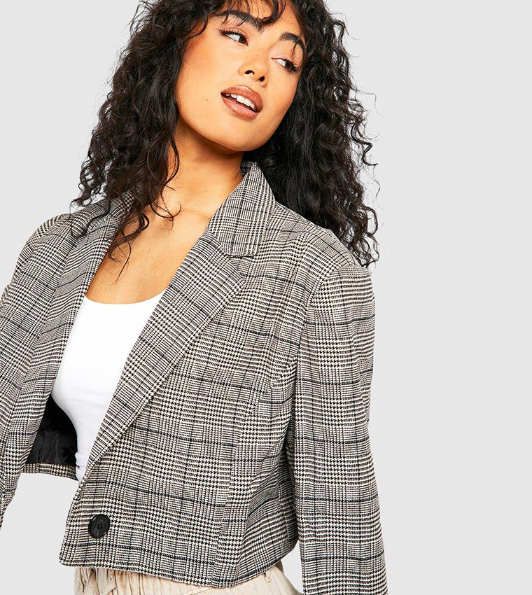 Buy Boohoo Heritage Check Boxy Cropped Blazer In Camel 6thStreet UAE