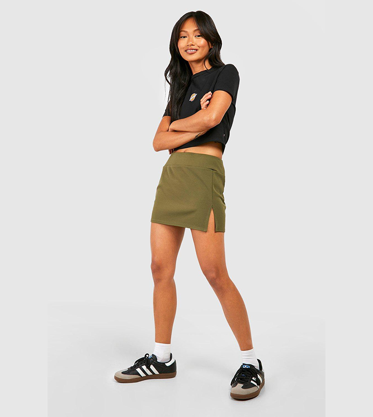 Buy Boohoo Deep Waistband Thigh Split Crepe Mini Skirt In Khaki 6thStreet UAE