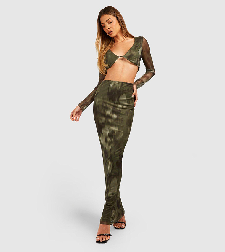 Buy Boohoo Blurred Floral Mesh Bralette And Maxi Skirt In Khaki