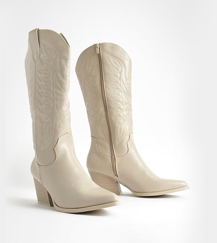 Buy Boohoo Tonal Embroidered Western Cowboy Boots In Beige | 6thStreet ...