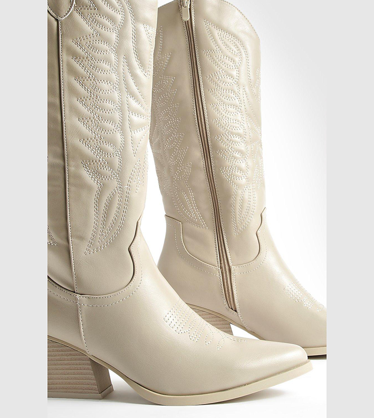 Buy Boohoo Tonal Embroidered Western Cowboy Boots In Beige 6thStreet