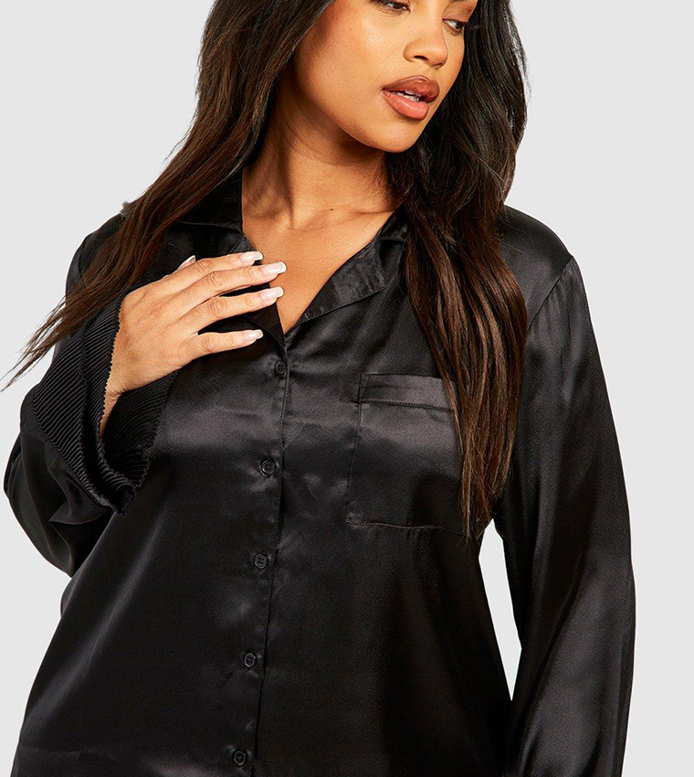 Buy Boohoo Pleated Frill Satin Shirt & Trouser Pyjama Set In Black