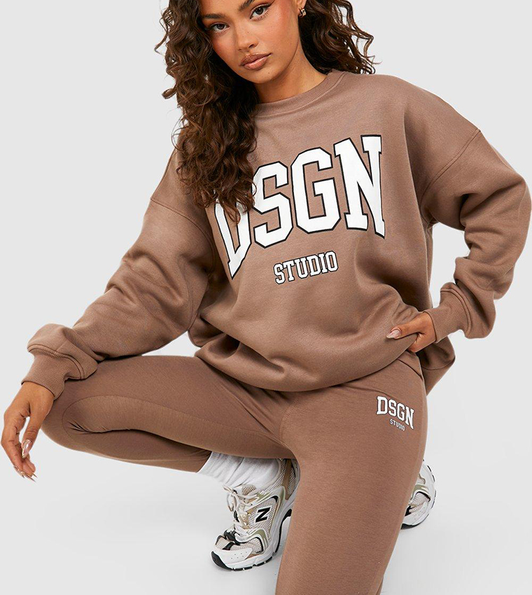 Buy Boohoo Dsgn Studio Collegiate Slogan Legging Tracksuit In Taupe