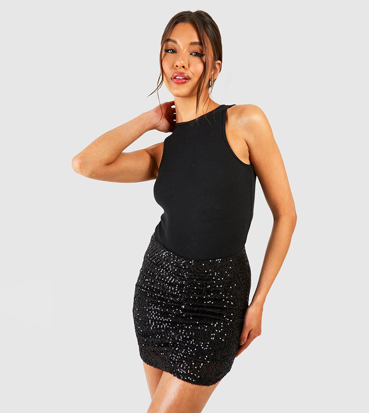 Buy Boohoo Knitted Sequin Ruched Front Mini Skirt In Black | 6thStreet ...
