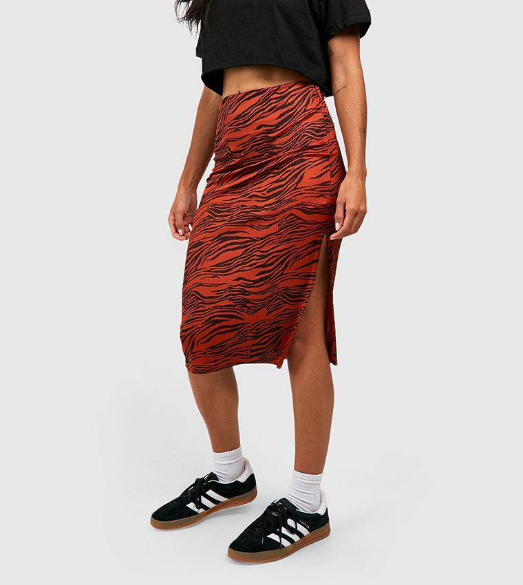Buy Boohoo Zebra Print Rib Side Split Midi Skirt In Orange
