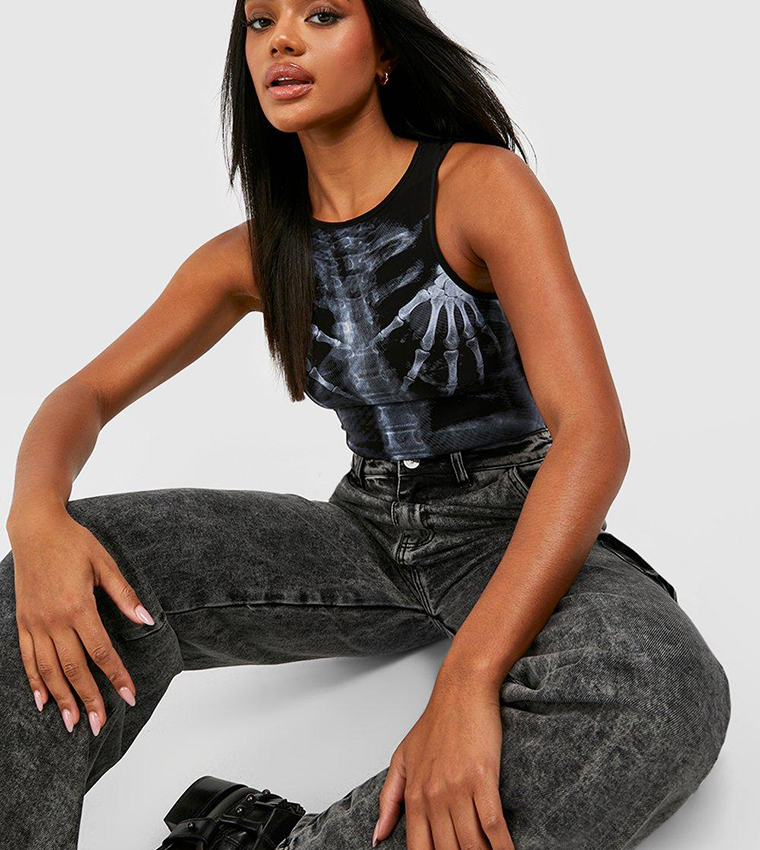 Buy Boohoo Halloween Body Print Slinky Racer Bodysuit In Black