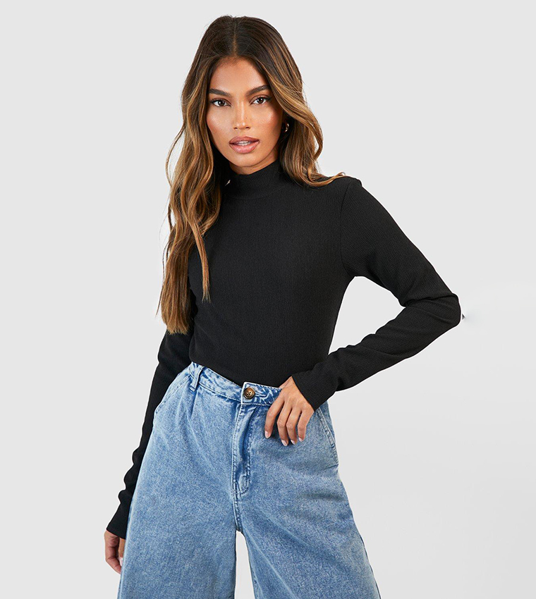 Buy Boohoo Crinkle Long Sleeve High Neck Crop Top In Black | 6thStreet ...