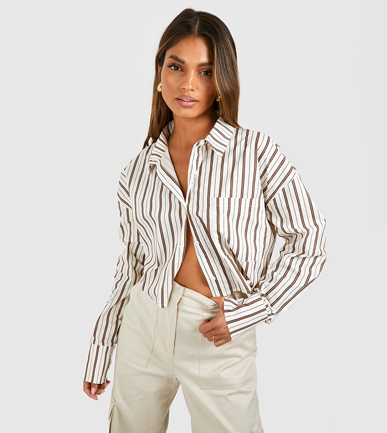 Common Need Getaway Boxy Cropped Shirt White/Tan Stripe