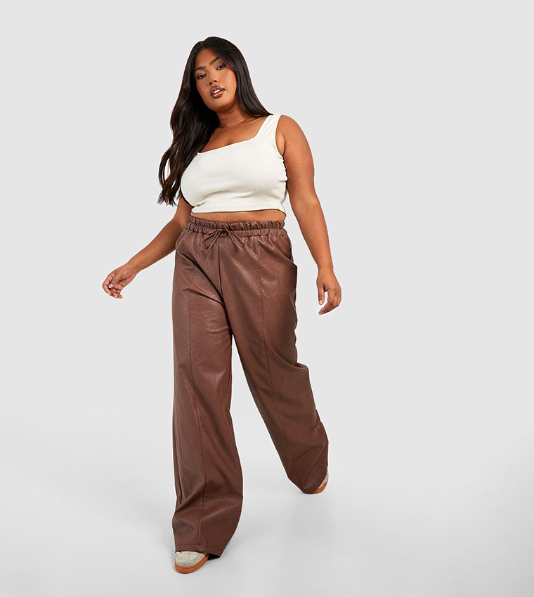 Chocolate Brown Pu Seam Front Flared Pants