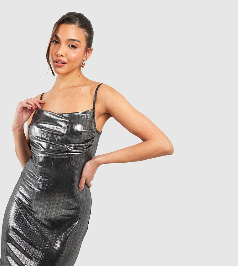 Metallic Foil Texture Cowl Neck Maxi Dress