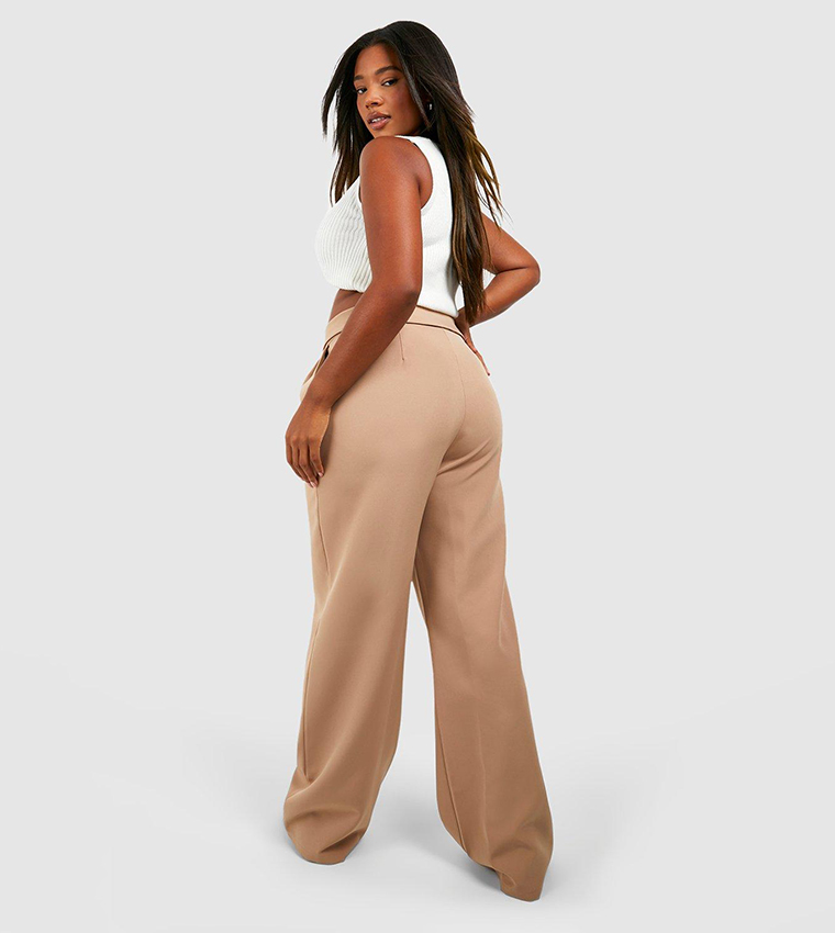 Taupe Woven Fold Over Waist Detail Wide Leg Pants