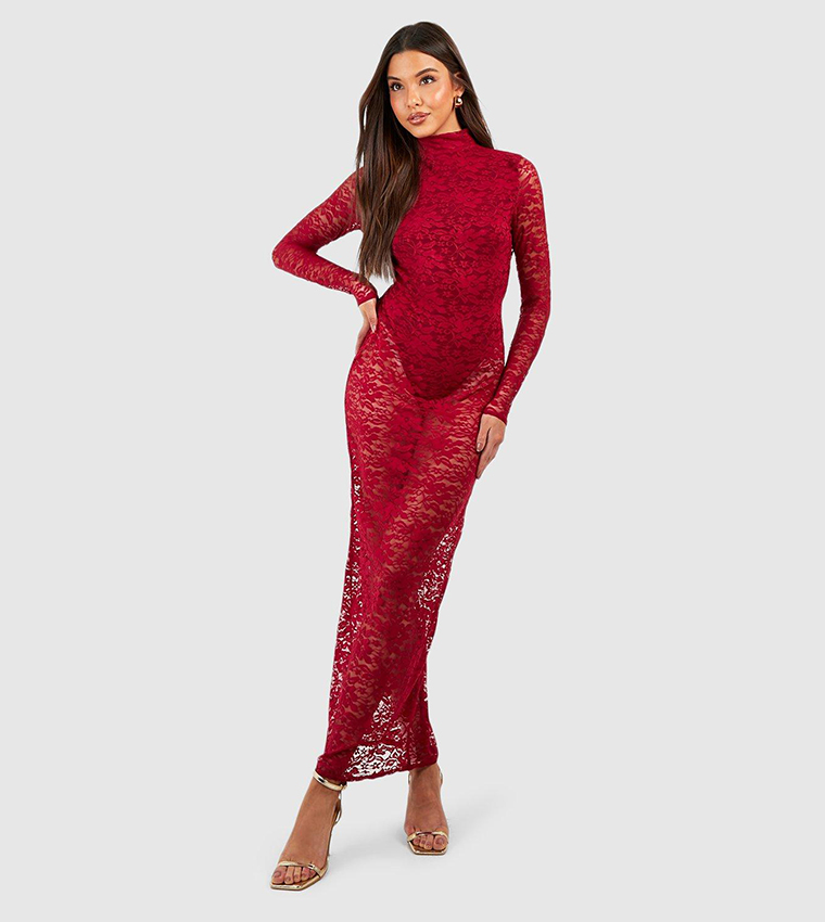 Berry lace long 2025 sleeve fishtail maxi dress