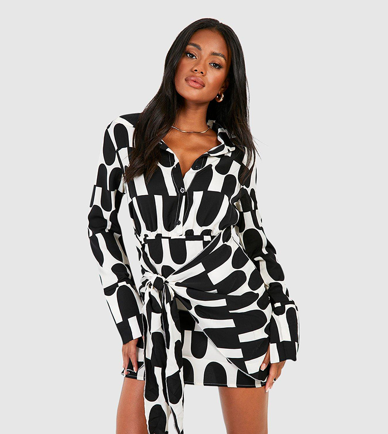 Buy Boohoo Abstract Tie Waist Shirt Dress In Black 6thstreet Qatar