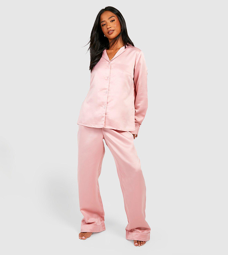 Buy Boohoo Satin Button Up Pyjama Set In Baby Pink 6thStreet Kuwait