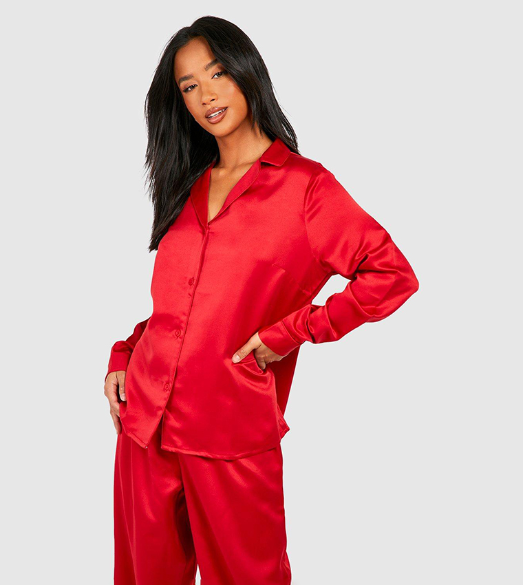 Buy Boohoo Satin Button Up Pyjama Set In Red | 6thStreet Saudi Arabia