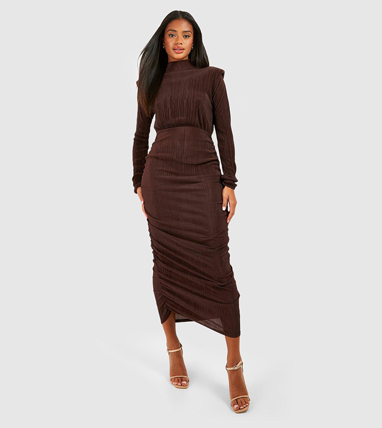 high neck plisse midi bodycon dress ASOS DESIGN satin plisse midi dress with high neck in abstract print