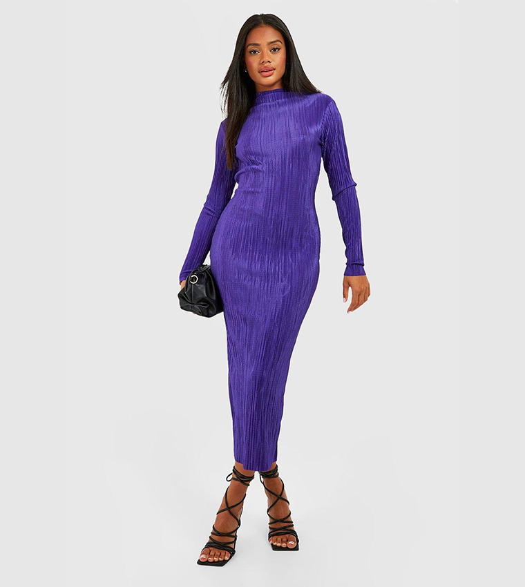 Buy Boohoo High Neck Plisse Midaxi Dress In Purple | 6thStreet UAE