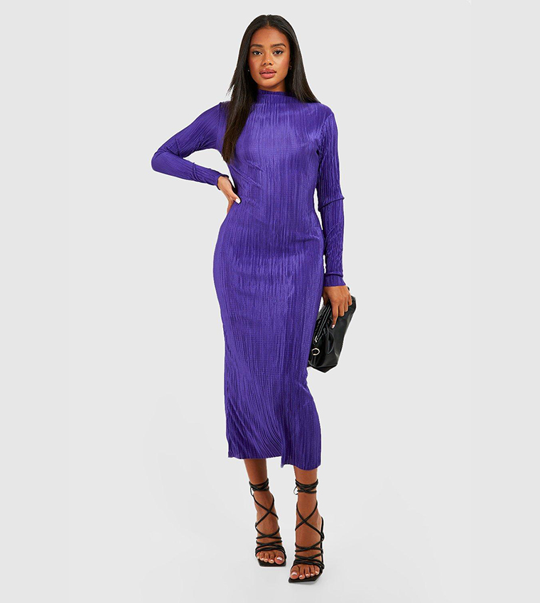 Buy Boohoo High Neck Plisse Midaxi Dress In Purple | 6thStreet UAE