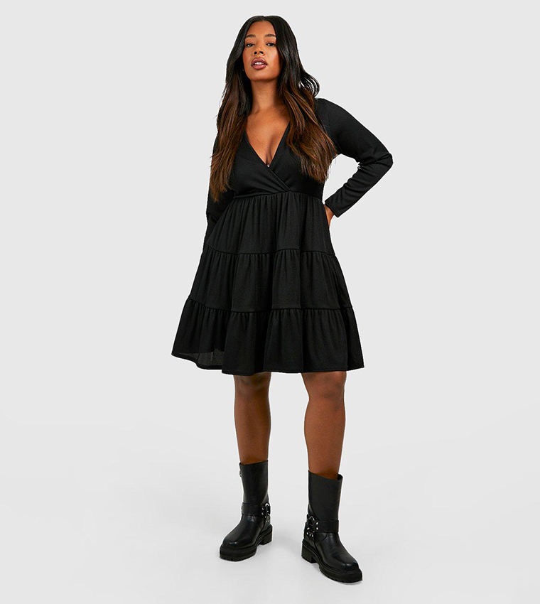 Buy Boohoo Rib Long Sleeve Tiered Smock Dress In Black 6thStreet Qatar