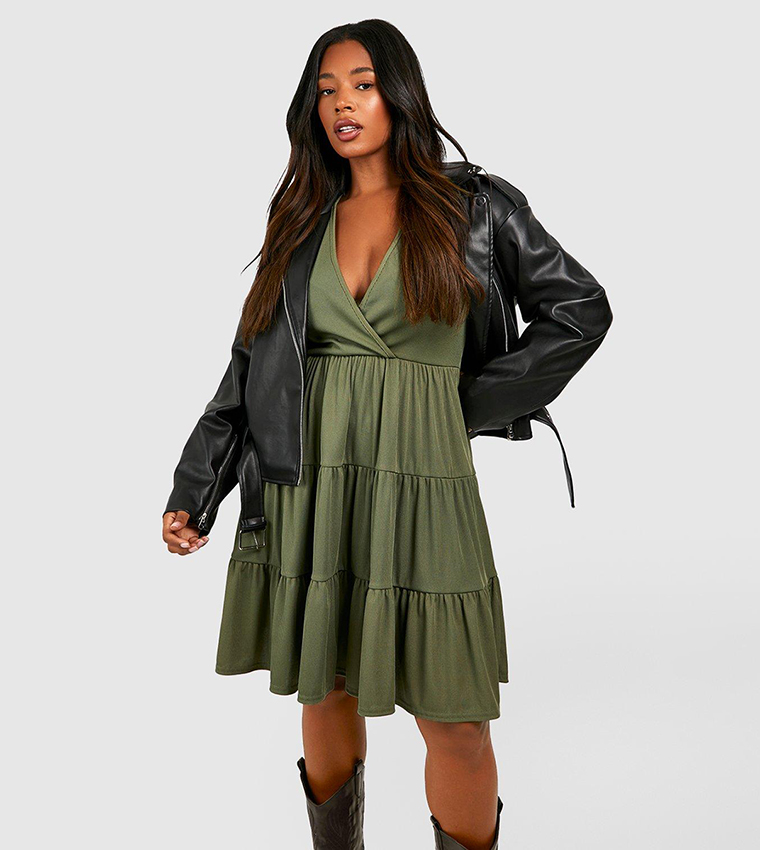 Buy Boohoo Rib Long Sleeve Tiered Smock Dress In Khaki 6thStreet Bahrain