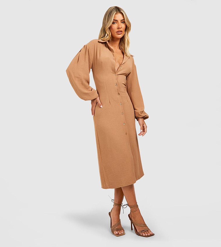 Buy Boohoo Hammered Volume Sleeve Maxi Shirt Dress In Beige | 6thstreet Bahrain Buy Boohoo Hammered Volume Sleeve Maxi Shirt Dress In Beige | 6thstreet Bahrain