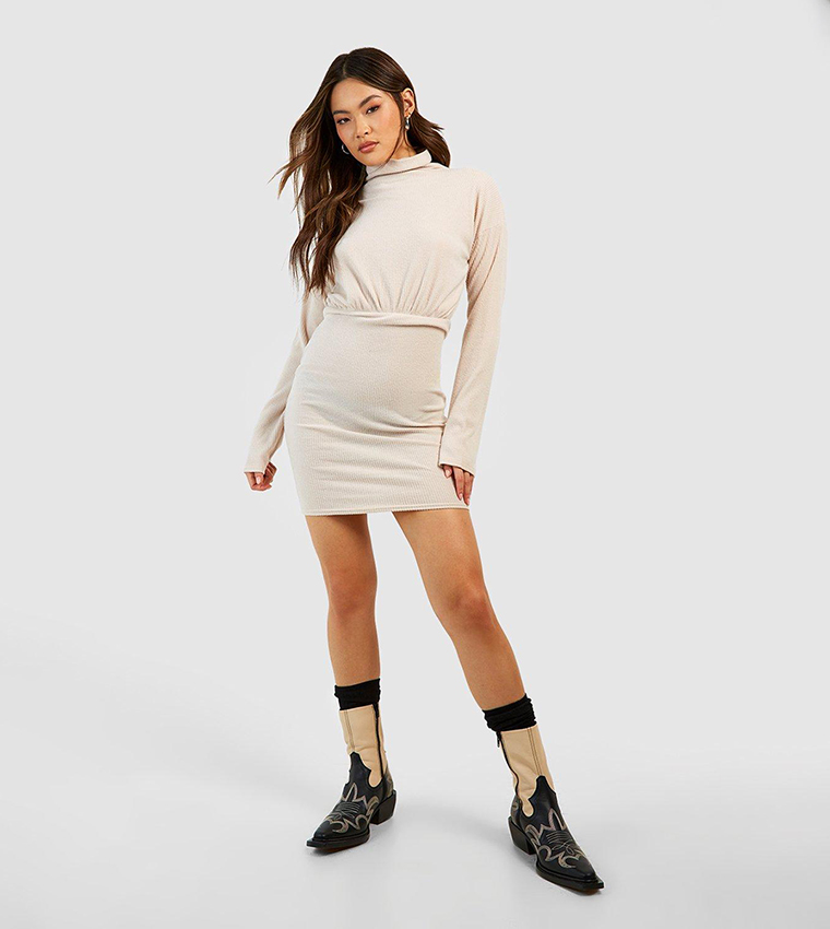 Buy Boohoo Soft Rib Roll Neck Mini Dress In Beige | 6thStreet Kuwait