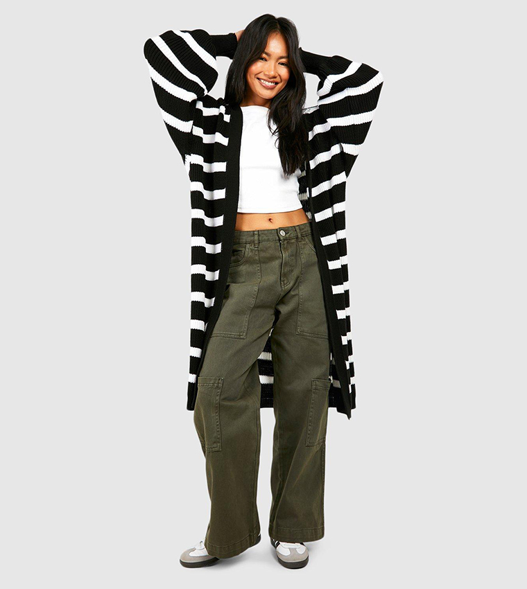 Buy Boohoo All Over Striped Balloon Sleeves Maxi Cardigan In